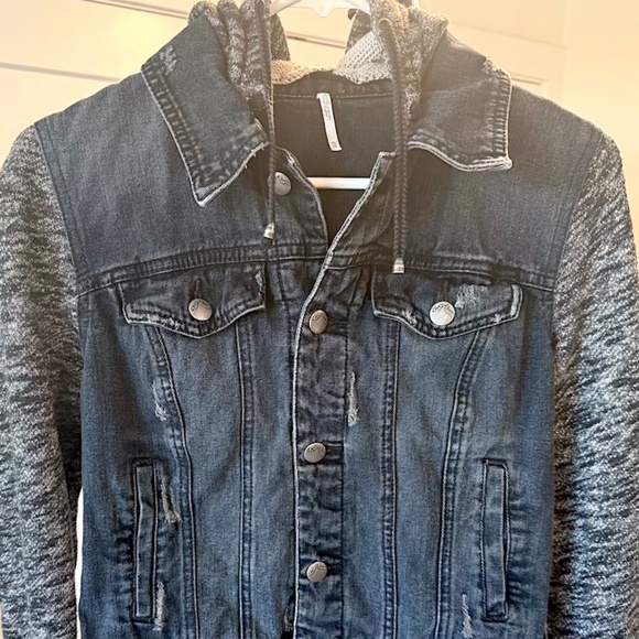 FP Distressed Denim Hooded Jacket with Knit Sleeves - X-Small (EUC) - Picture 2 of 12